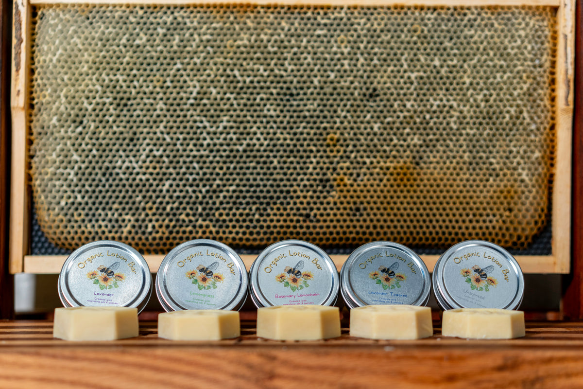 All five of Honey Moon Farms lotion bars on display