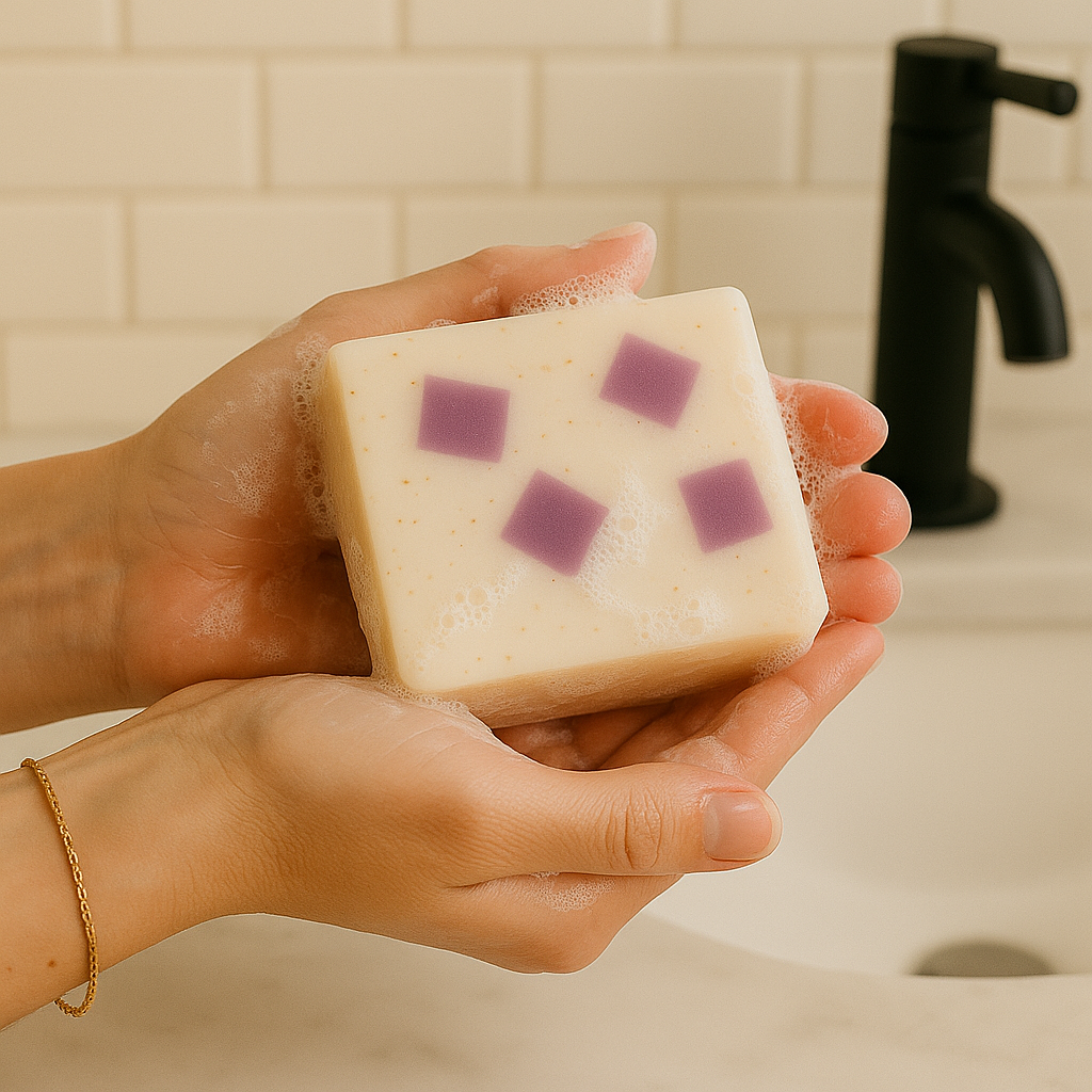 Hand holding a bar of Black Raspberry & Vanilla soap with purple squares on a bathroom counter.