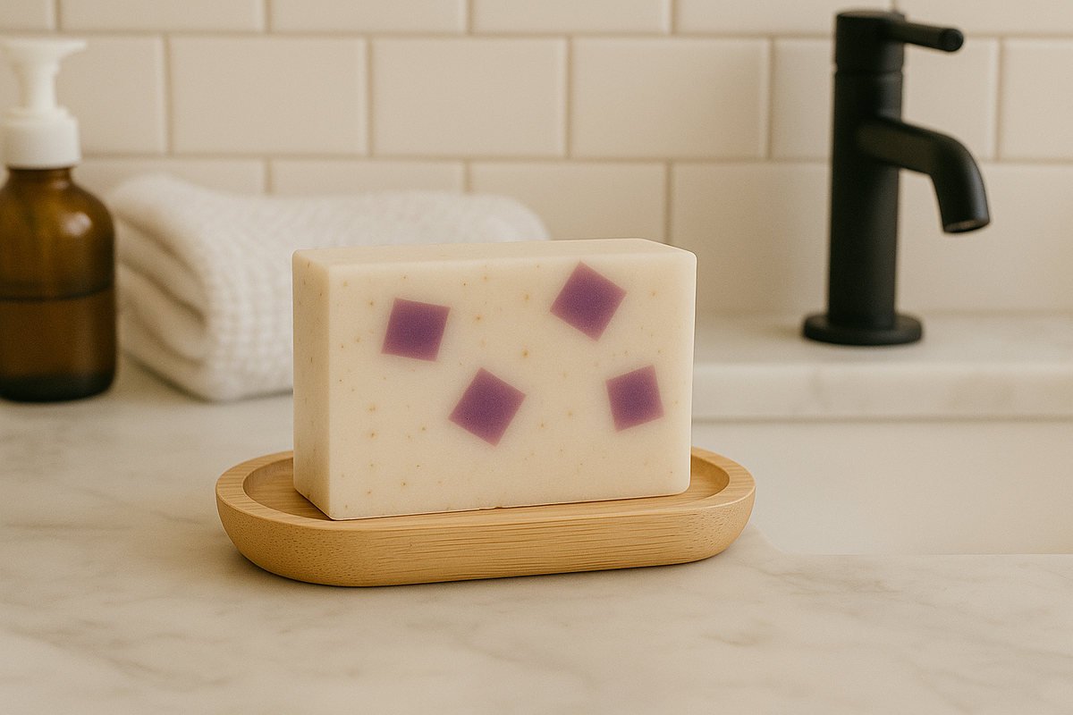 Bar of Black Raspberry & Vanilla soap with purple specks on a wooden soap dish in a bathroom setting.