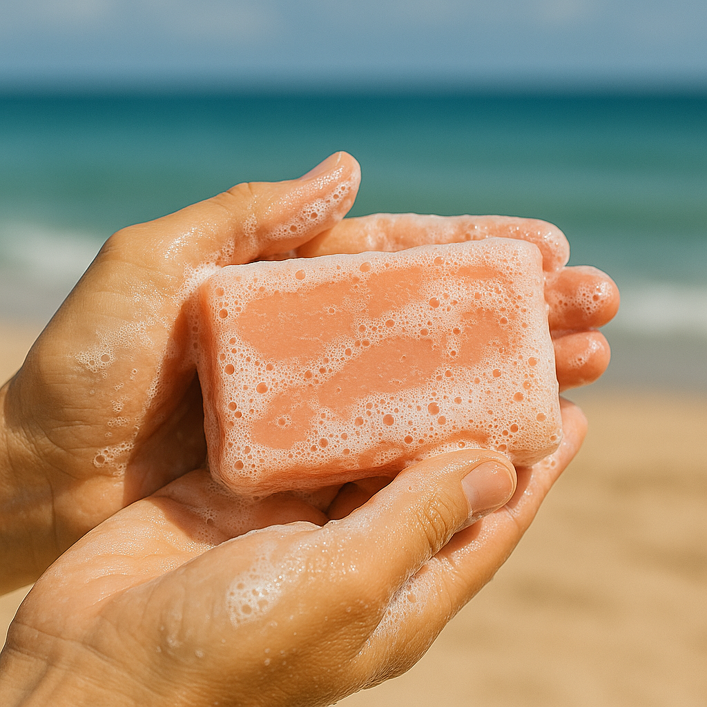 Hand holding a bar of Jamaican Me Crazy soap with a beach in the background