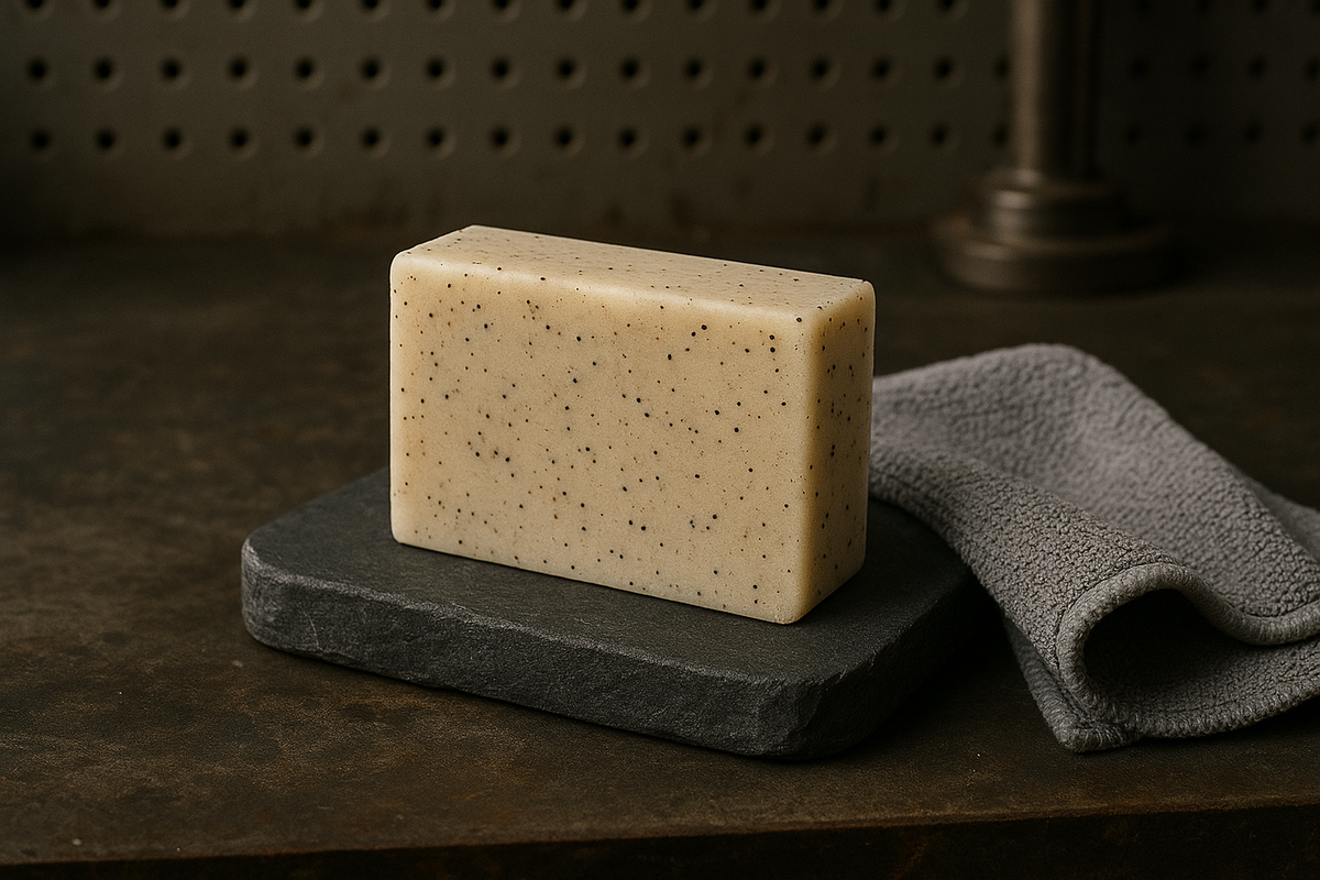 Bar of mechanics soap on a dark stone surface with a gray towel in the background