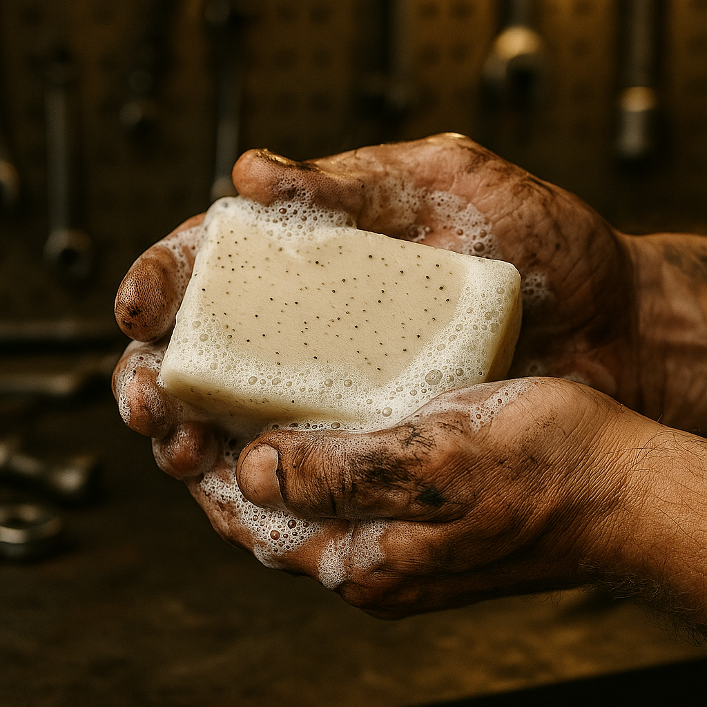 Greasy hands holding a bar of mechanics soap with a workshop background